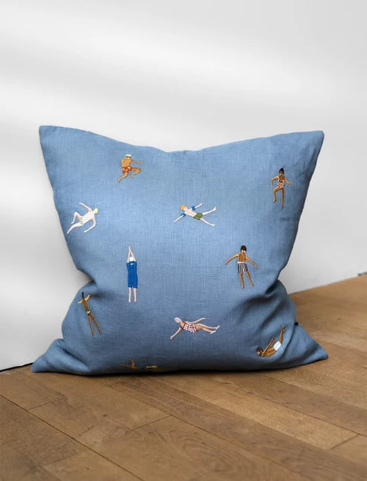 Swimmers Embroidered Cushion - Blue