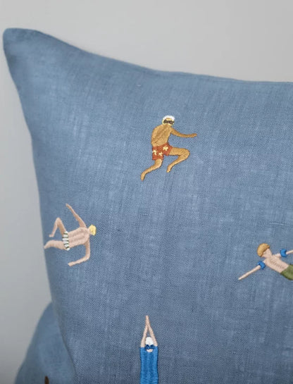Swimmers Embroidered Cushion - Blue