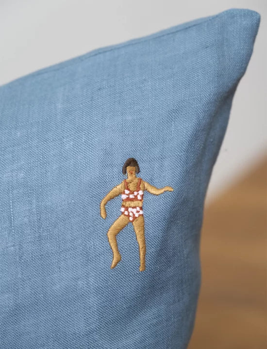 Swimmers Embroidered Cushion - Blue