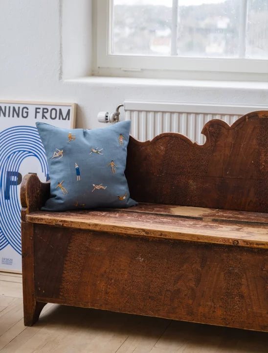 Swimmers Embroidered Cushion - Blue