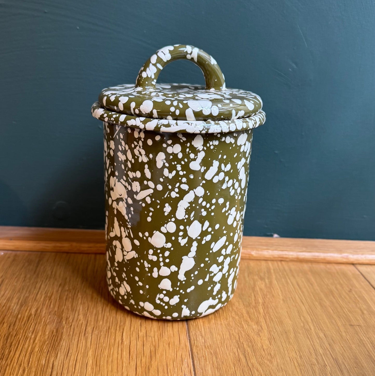 Olive Splatter Enamel Canister