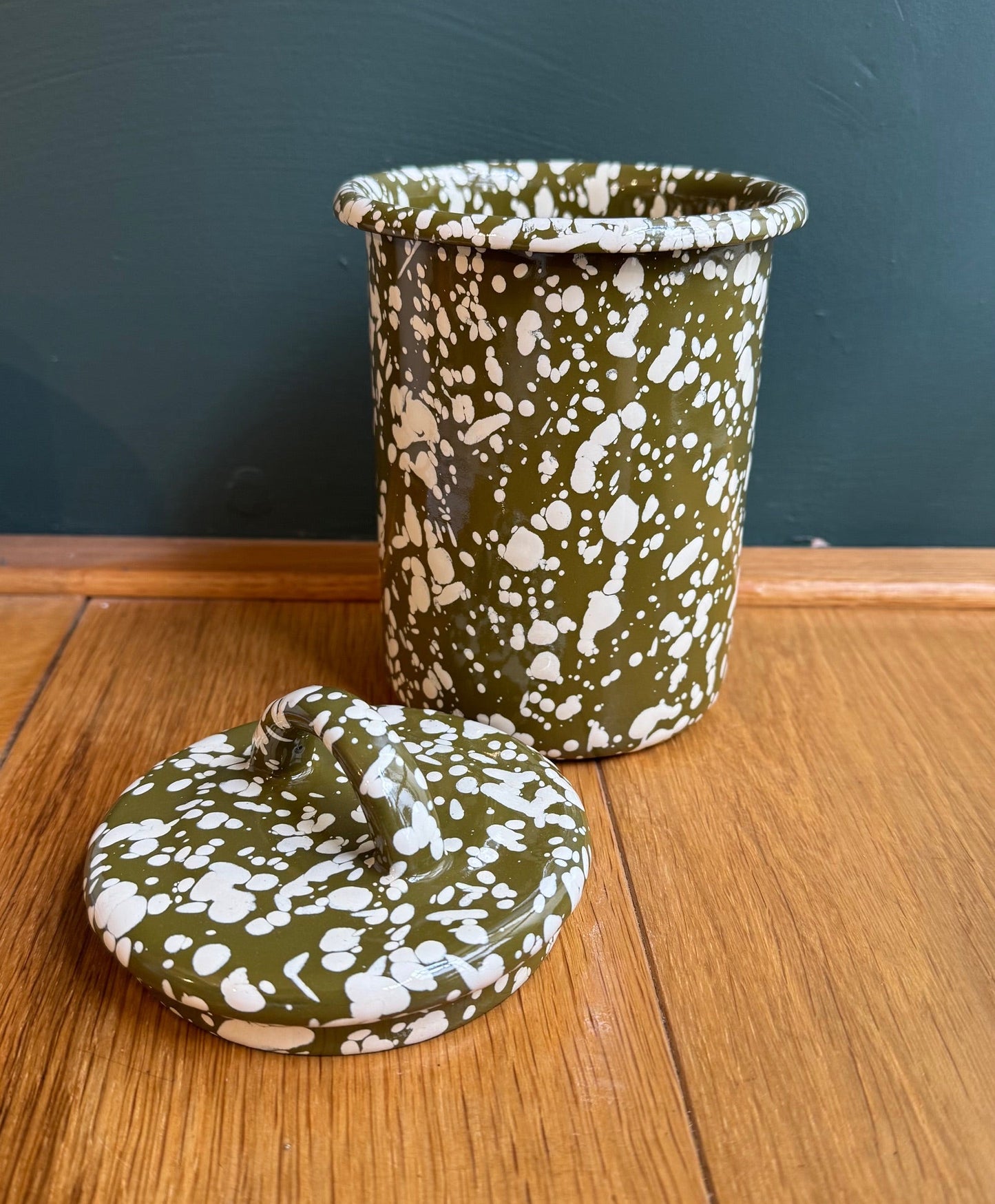 Olive Splatter Enamel Canister