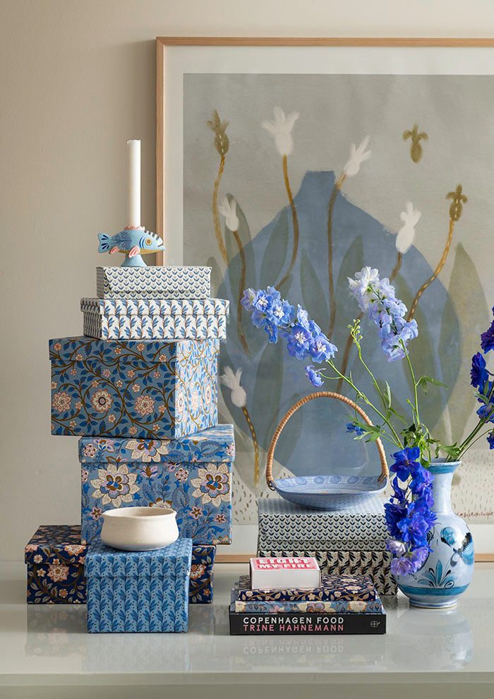 Oblong Box S Naya Indigo - Cream, blue leaf