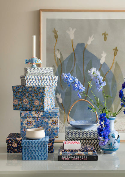 Oblong Box S Naya Indigo - Cream, blue leaf
