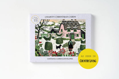 AGBI Christmas Card Pack - Pink Cottage And Snowy Topiary