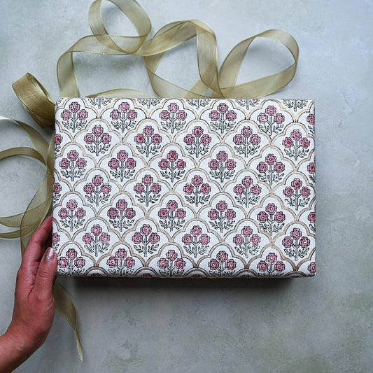 Block Printed Wrapping Paper Sheets - Trellis Pink Earth