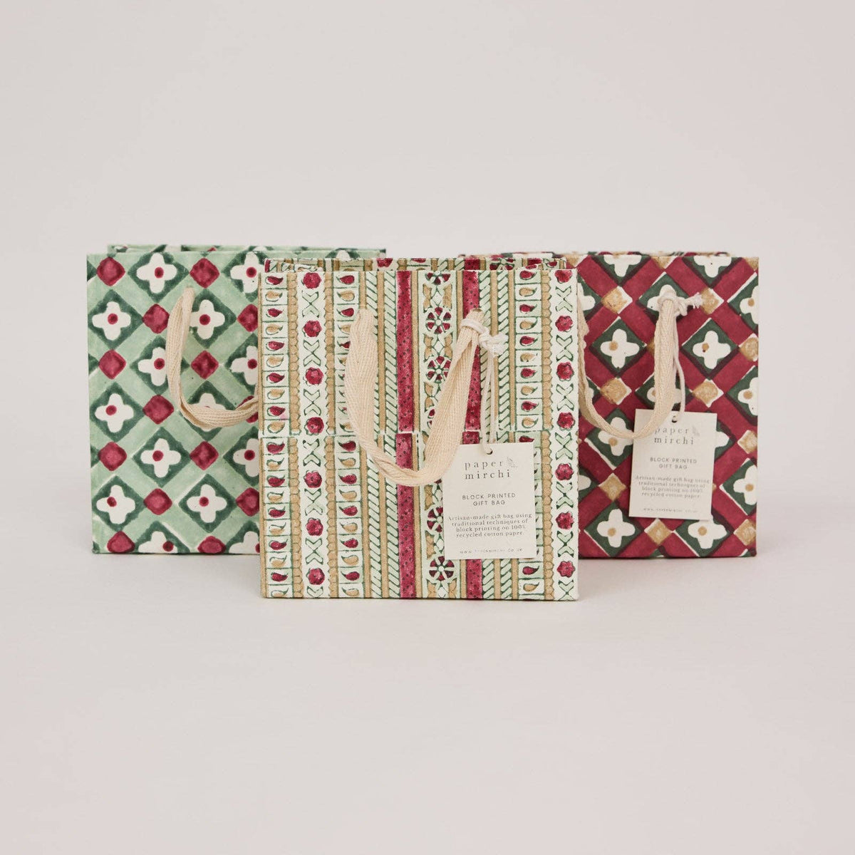 Block Printed Gift Bags (Small) - Traditional Christmas