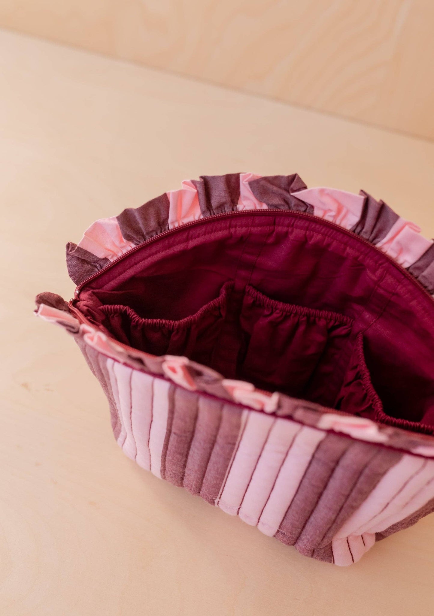Cotton Wash Bag in Pink + Burgundy Stripe