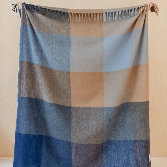 Recycled Wool Throw - Blue Herringbone Block Check