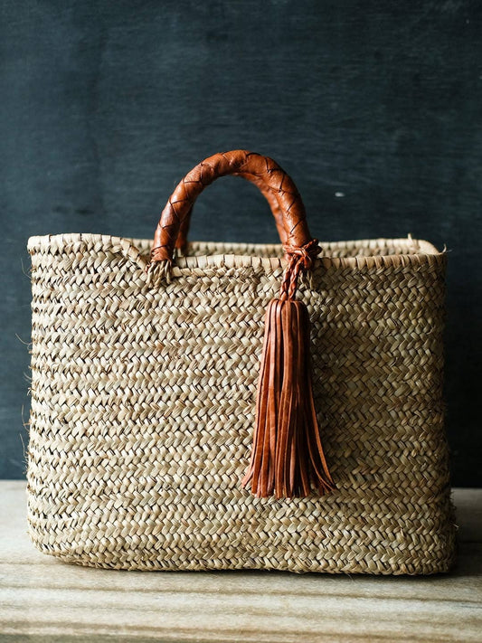 Handwoven French Market Straw Bag with Leather Handles