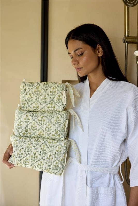 Organic Cotton Toiletry Bag (Medium) - Floral Lattice Buttercream