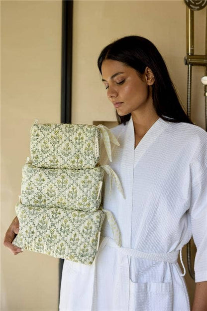 Organic Cotton Toiletry Bag (Small) - Floral Lattice Buttercream