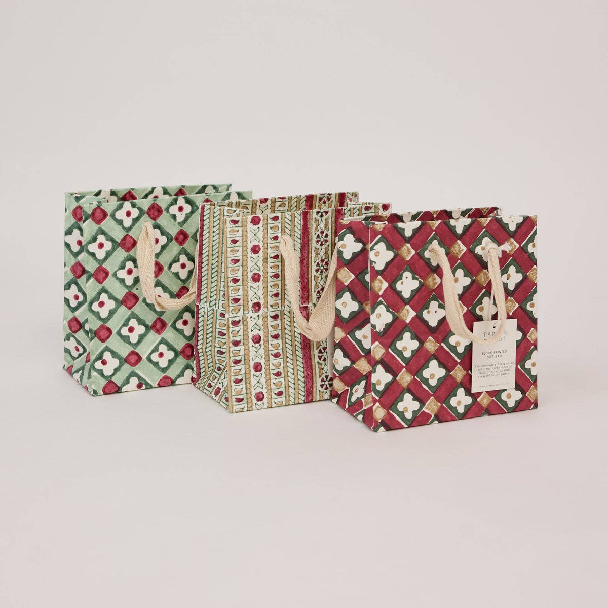 Block Printed Gift Bags (Small) - Traditional Christmas