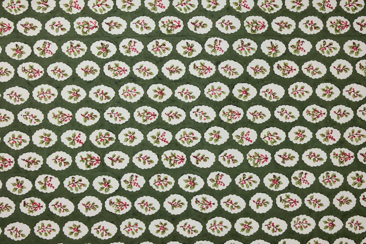 Block Printed Wrapping Paper Sheets - Scallop Tiles Holly Green