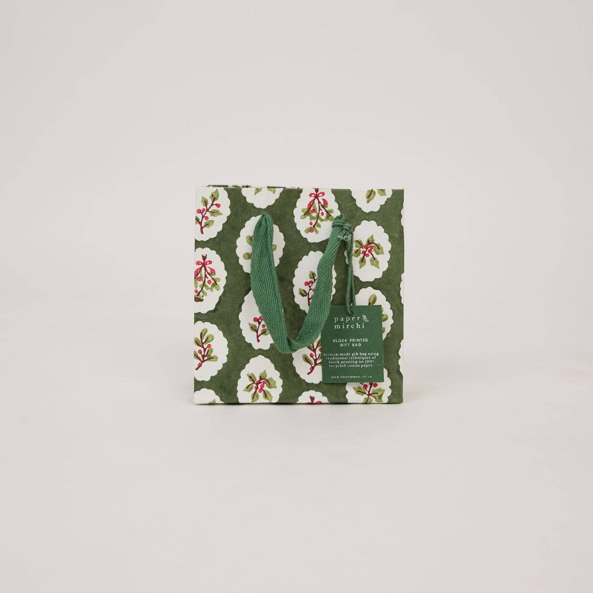 Block Printed Gift Bags (Small) - Holly Green