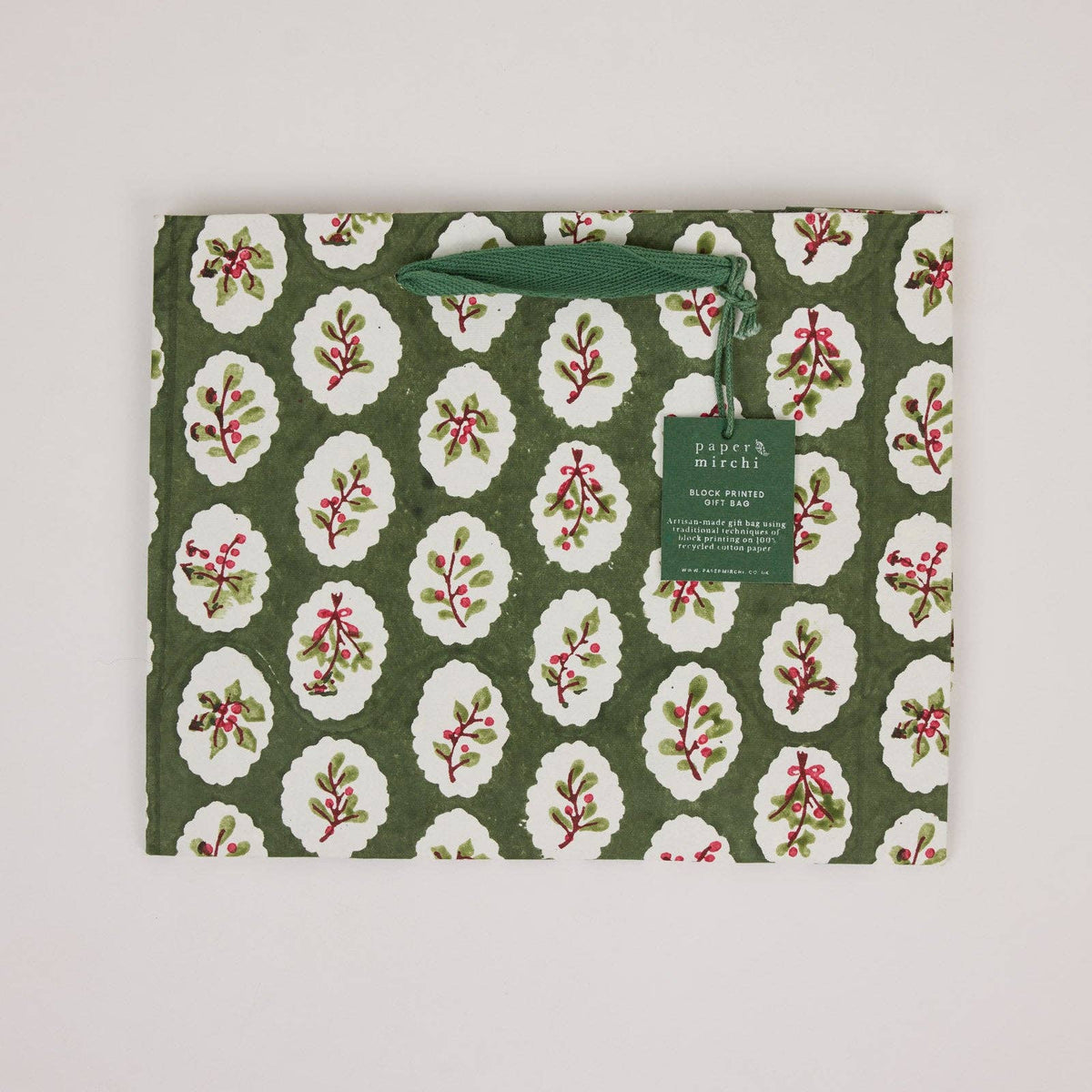 Block Printed Gift Bags (Medium) - Holly Green