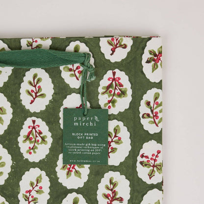 Block Printed Gift Bags (Medium) - Holly Green