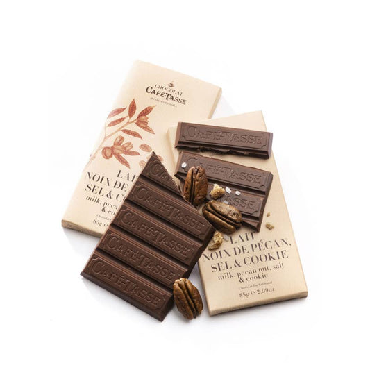 Cafe-Tasse Chocolate Bar 85g 
Milk, pecans, salt and cookies