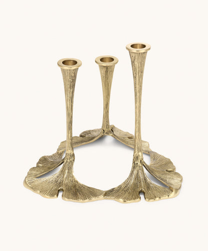 Brass Ginko Leaf Triple Candle Holder