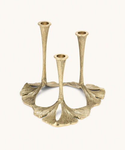 Brass Ginko Leaf Triple Candle Holder